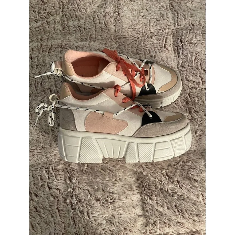 Karmen Womens‎ Platform Sneakers Pink & Beige Faux Leather Size 38